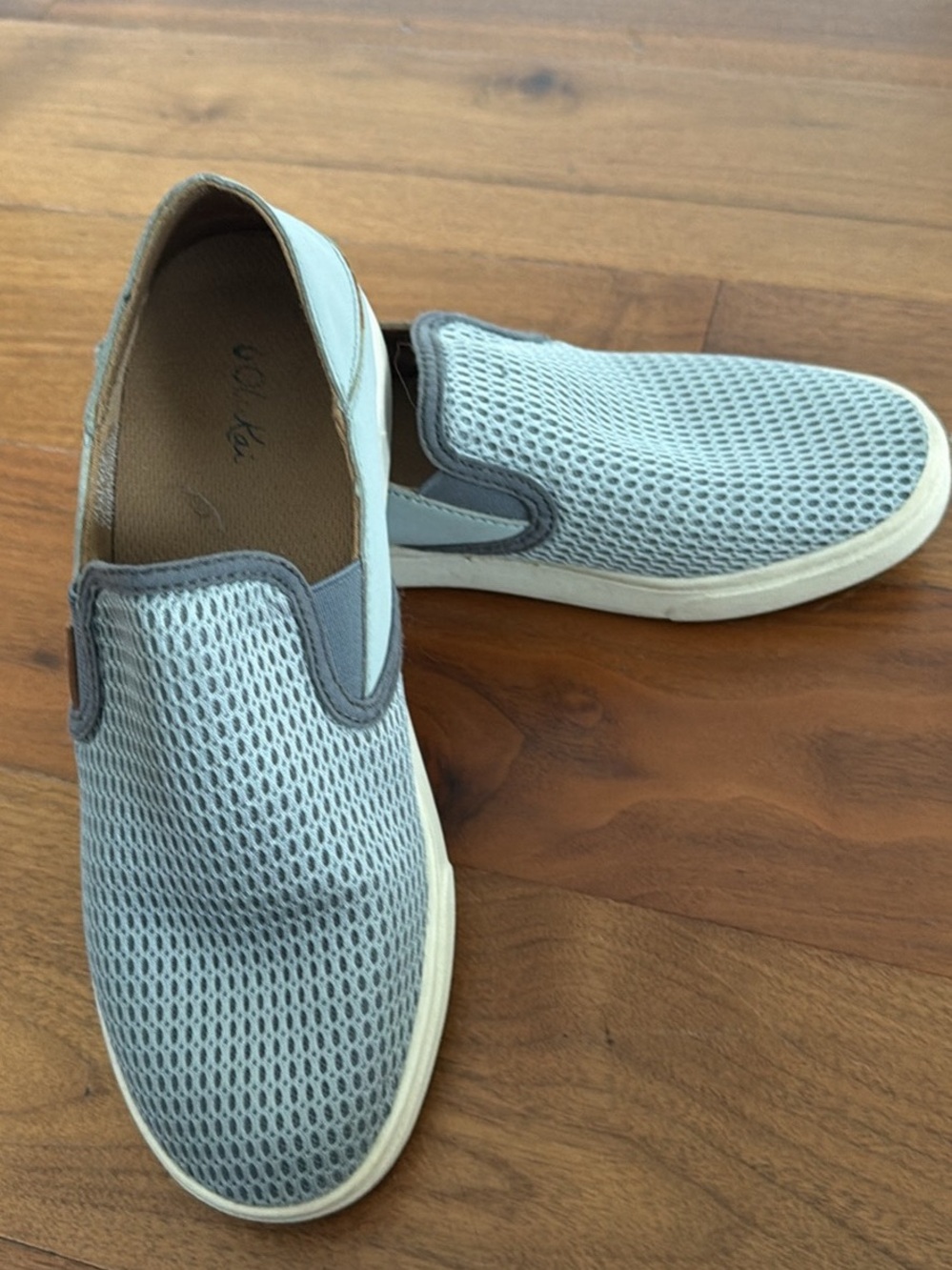 OluKai Light Gray and White Mesh Slip-On Sneakers